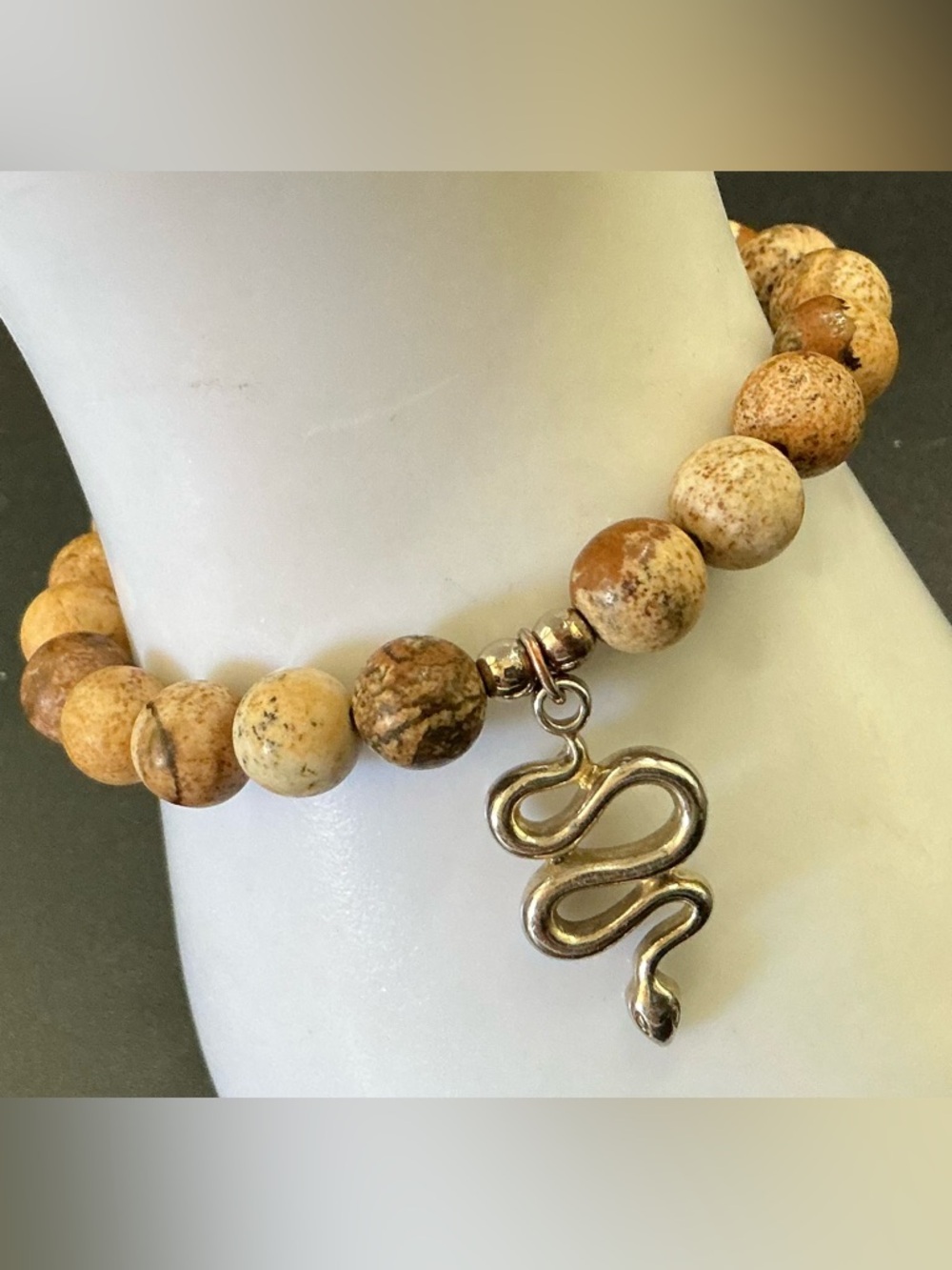 CARA NY NATURAL BEIGE STONE STRETCH BRACELET WITH SNAKE CHARM